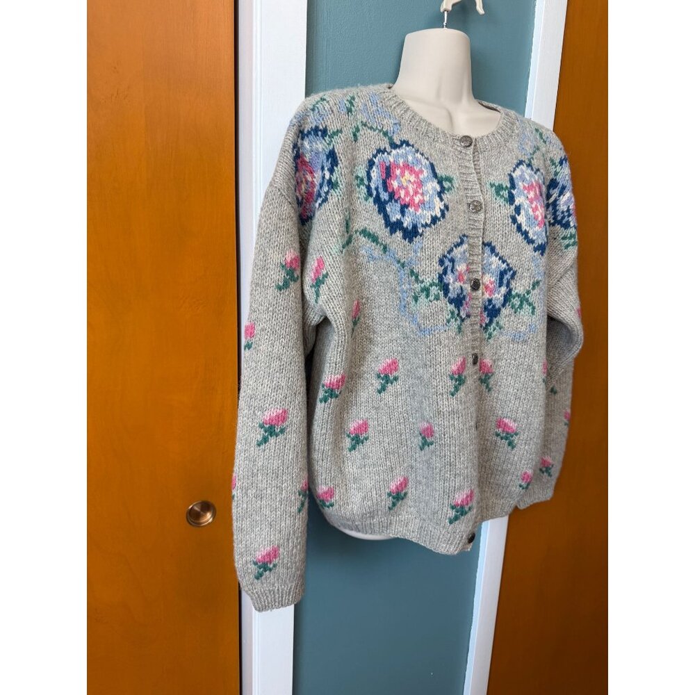 Vintage Eagles Eye Womens M Cardigan Wool Floral Tan Blue Pink Button Up Sweater - Picture 3 of 16